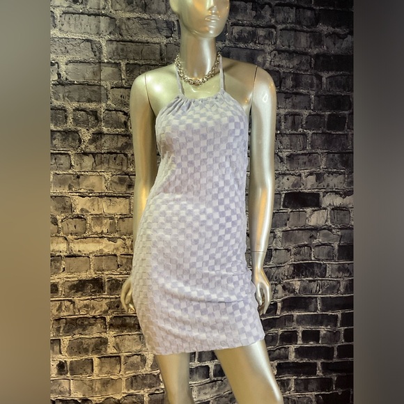 Baby Blue Checkered Print Halter Mini Dress - Picture 3 of 9